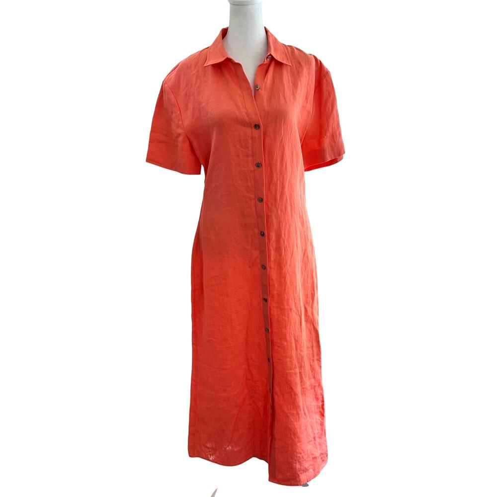 Theory Mermaid Linen Shirtdress Bright Coral‎ Size 6 NWT Resort Quiet Luxury